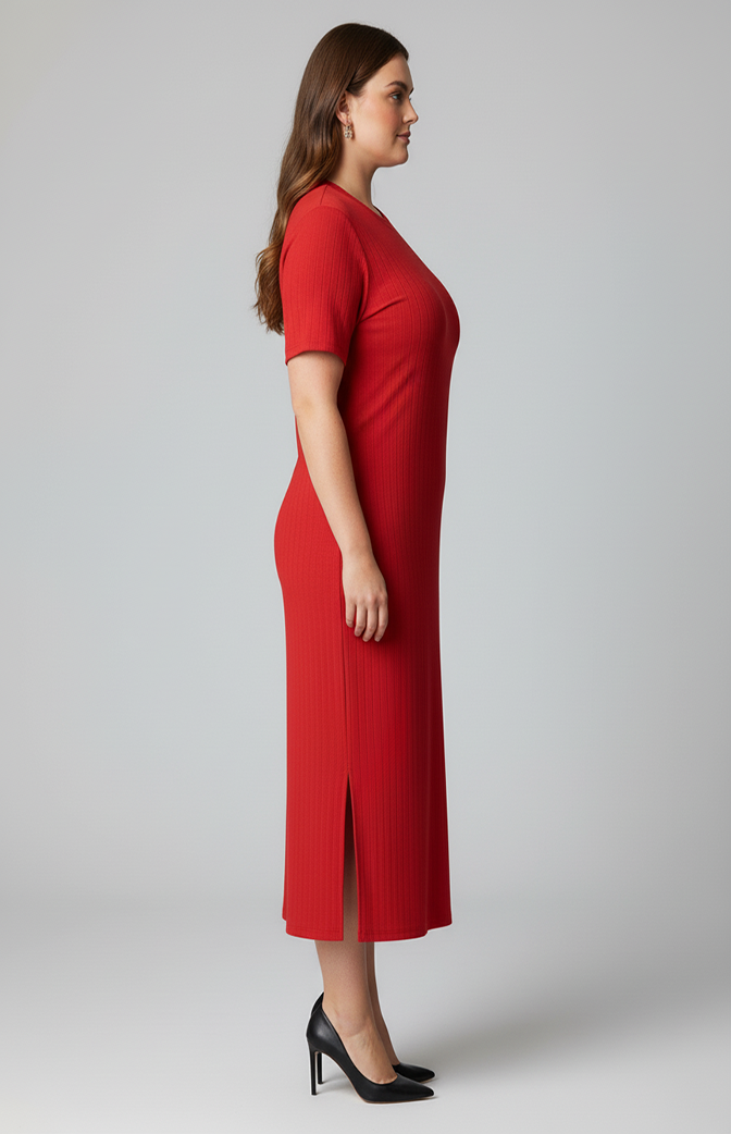 Vestido Midi Plus Size Canelado Vermelho com Manga e Fenda Lateral – Conforto & Elegância (Cópia)