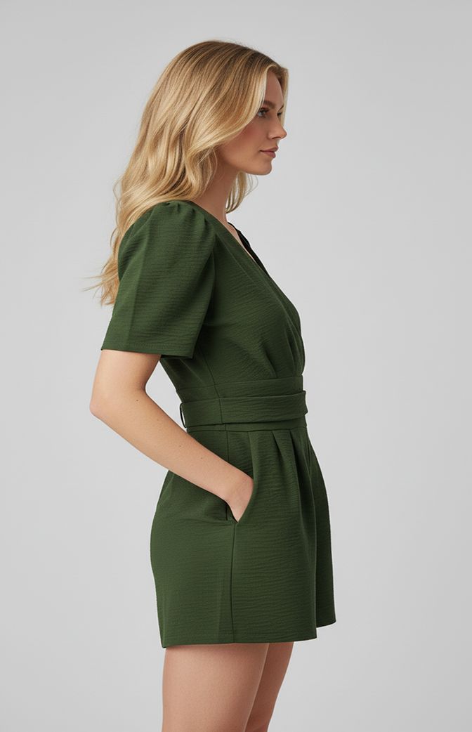 Macaquinho Zhavi Verde Elegance – Manga Curta, Cintura Marcada & Caimento Premium