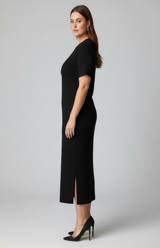 Vestido Midi Plus Size Canelado Preto com Manga e Fenda Lateral – Conforto & Elegância (Cópia) (Cópia)