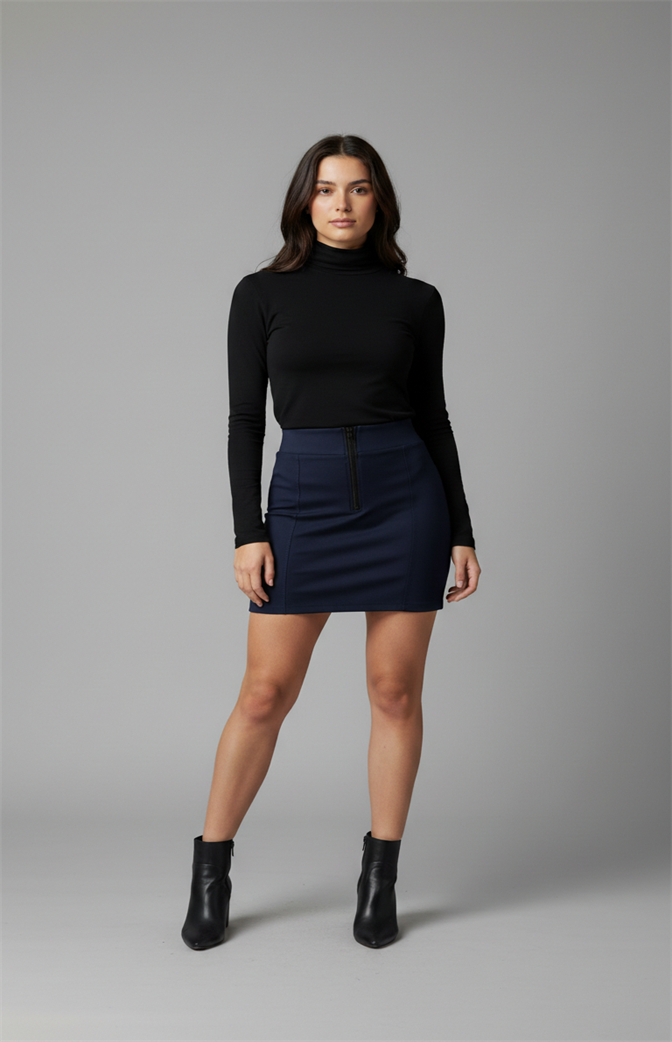 Saia Curta Cintura Alta com Zíper Frontal – Azul Marinho