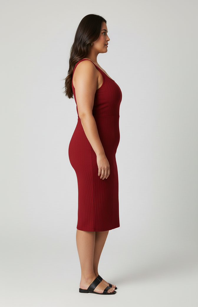 Vestido Midi Canelado Plus Size Vermelho com Fenda – Conforto e Elegância