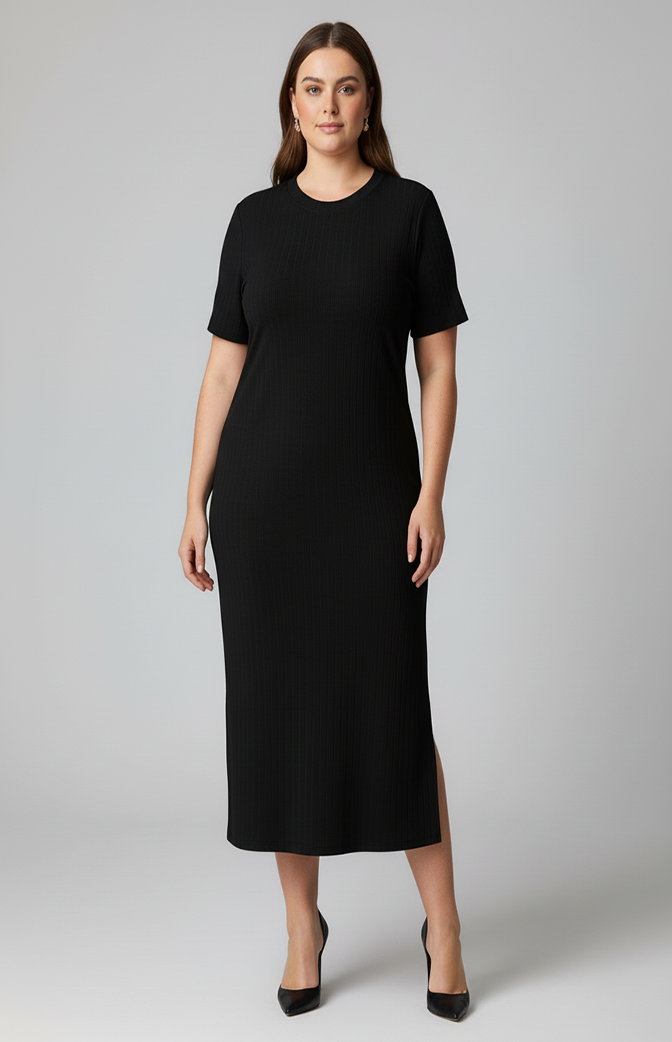 Vestido Midi Plus Size Canelado Preto com Manga e Fenda Lateral – Conforto & Elegância (Cópia) (Cópia)