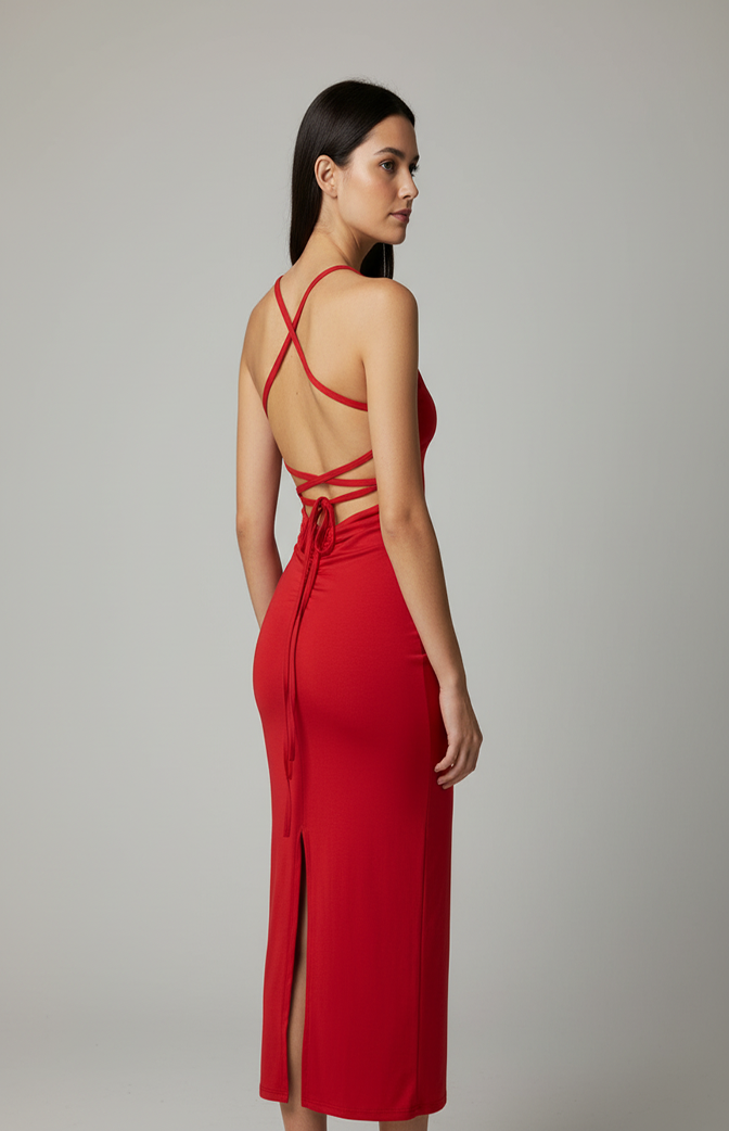 Vestido Midi Vermelho com Amarração nas Costas – Zhavi Elegance