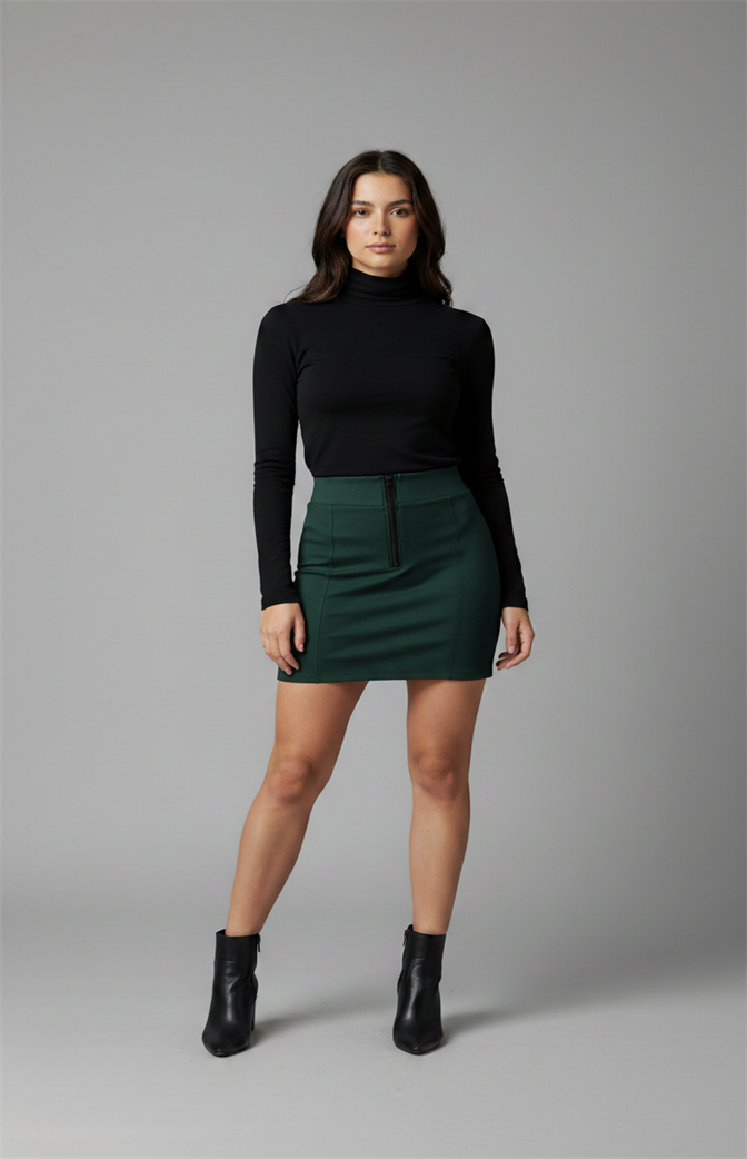 Saia Curta Cintura Alta com Zíper Frontal – Verde Escuro