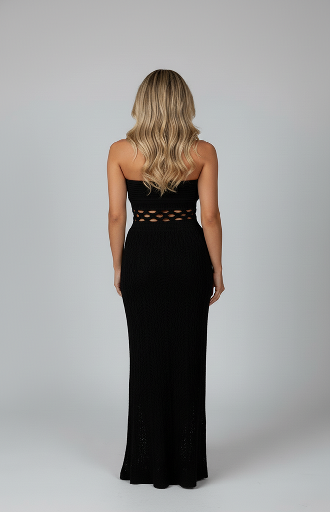 Vestido Longo Preto em Tricô com Recortes – Elegância Summer Black