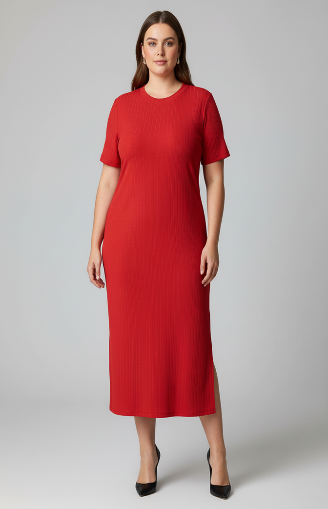 Vestido Midi Plus Size Canelado Vermelho com Manga e Fenda Lateral – Conforto & Elegância (Cópia)