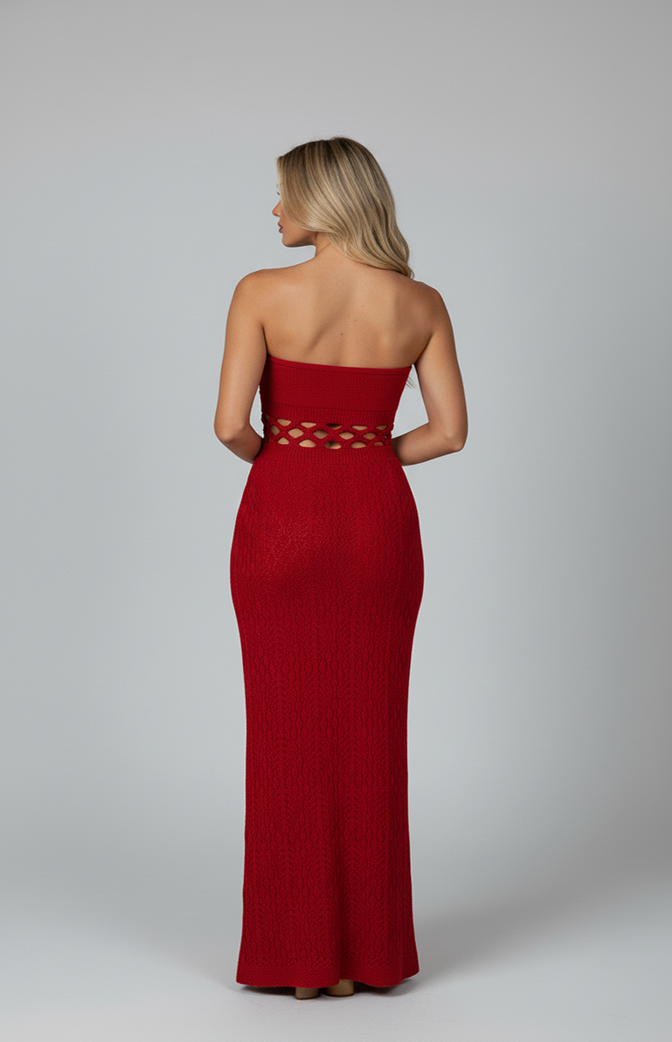 Vestido Longo Vermelho em Tricô com Recortes – Elegância Summer Red