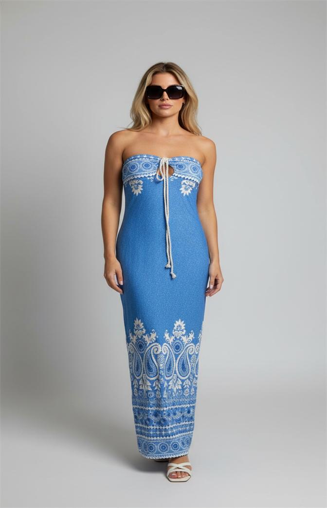 Vestido Longo Tomara que Caia Estampado Azul