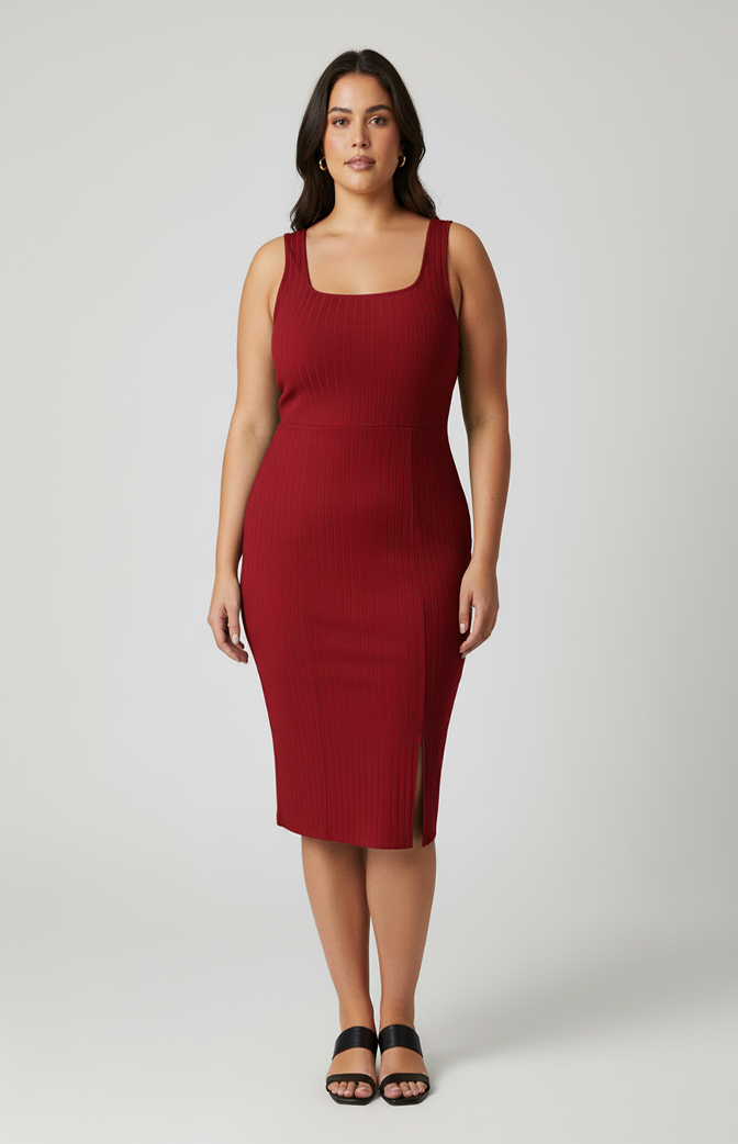 Vestido Midi Canelado Plus Size Vermelho com Fenda – Conforto e Elegância
