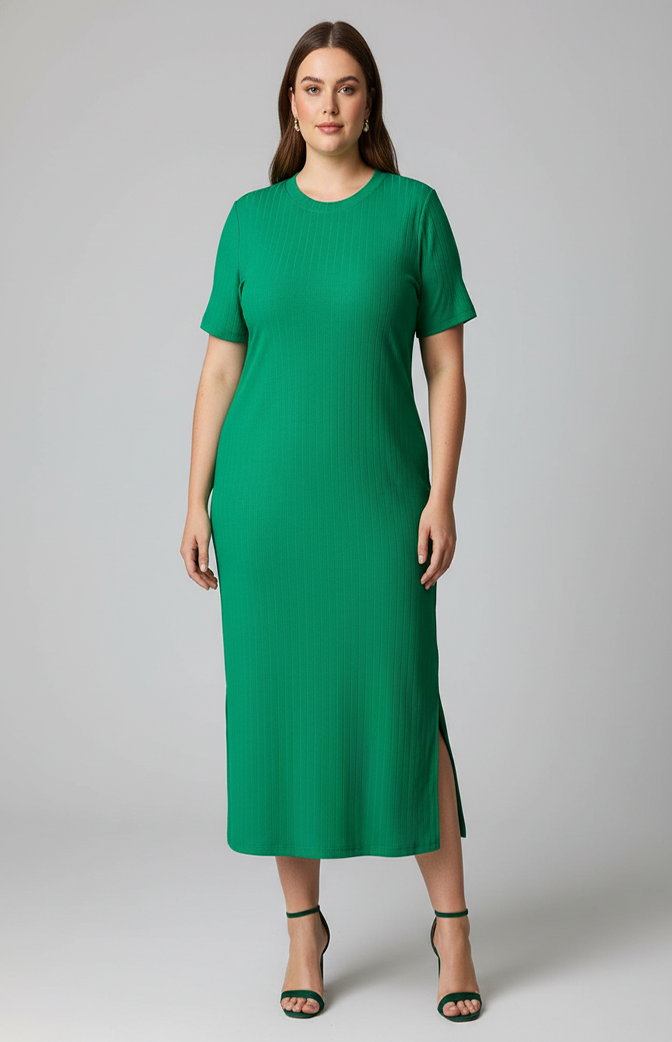 Vestido Midi Plus Size Canelado Verde com Manga e Fenda Lateral – Conforto & Elegância