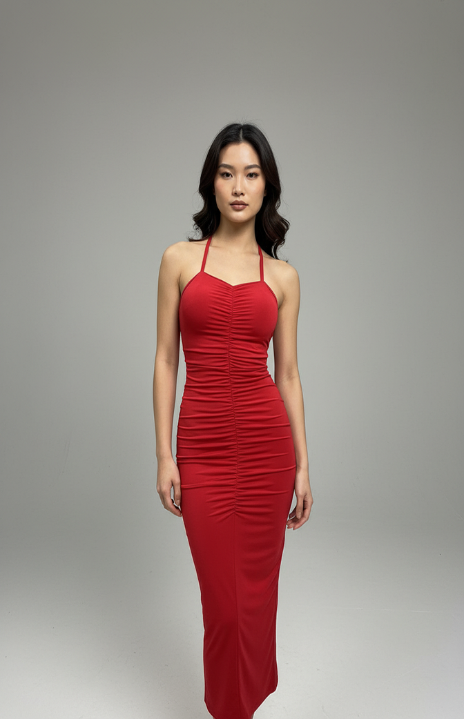 Vestido Midi Vermelho com Amarração nas Costas – Zhavi Elegance