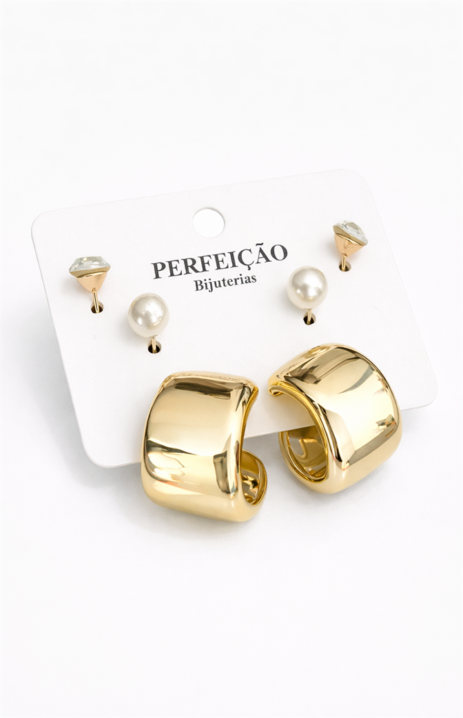 Kit 3 Pares de Brincos Femininos Dourados – Argola Larga Metalizada, Pérola Clássica e Ponto de Luz