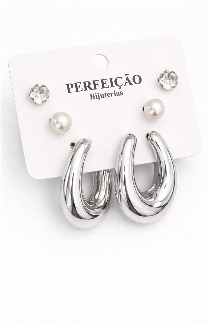 Kit de Brincos Prateados com Pérola, Ponto de Luz e Argola