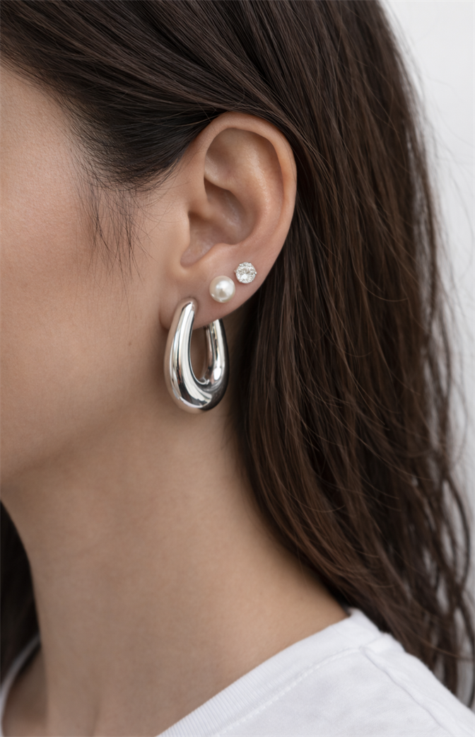 Kit de Brincos Prateados com Pérola, Ponto de Luz e Argola