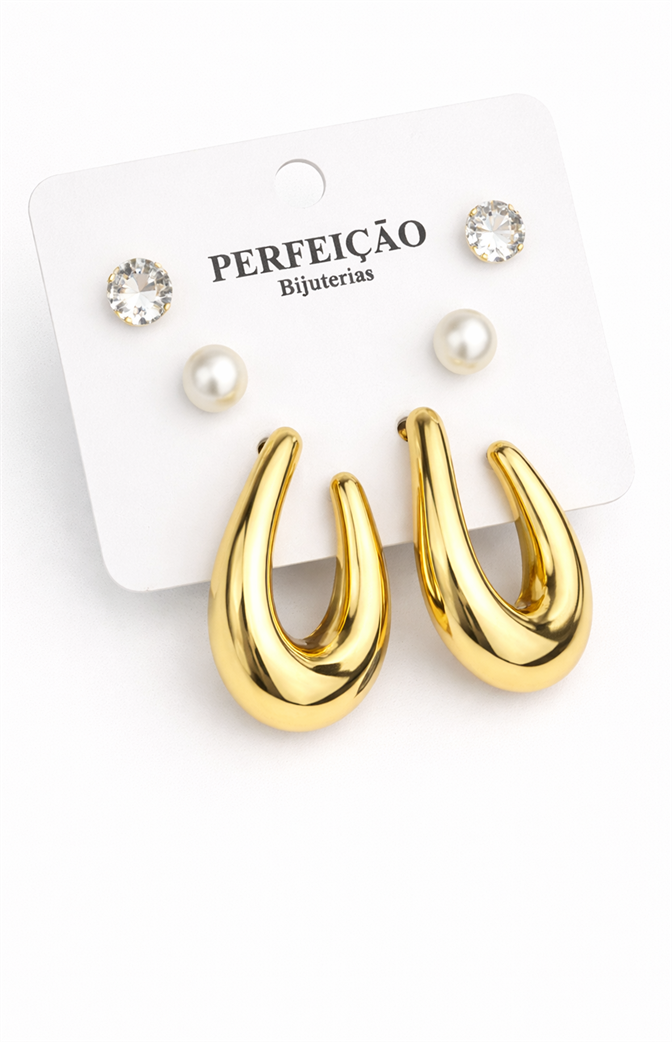 Kit de Brincos Dourados com Pérola, Ponto de Luz e Argola