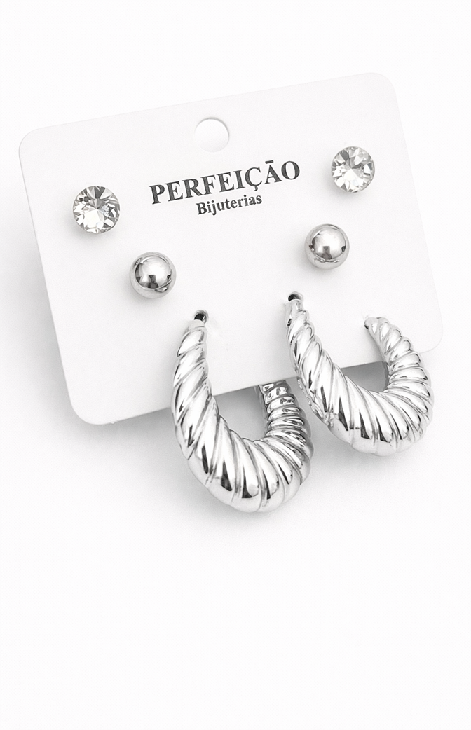 Kit de Brincos Prateados com Argola Torcida, Esfera e Ponto de Luz