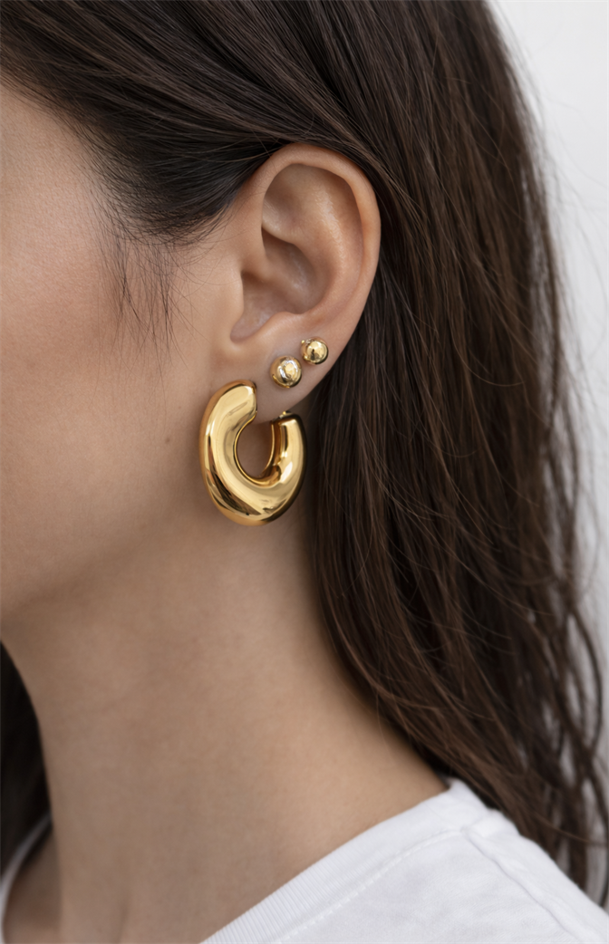 Kit de Brincos Dourados com Argola Lisa, Esfera e Ponto de Luz