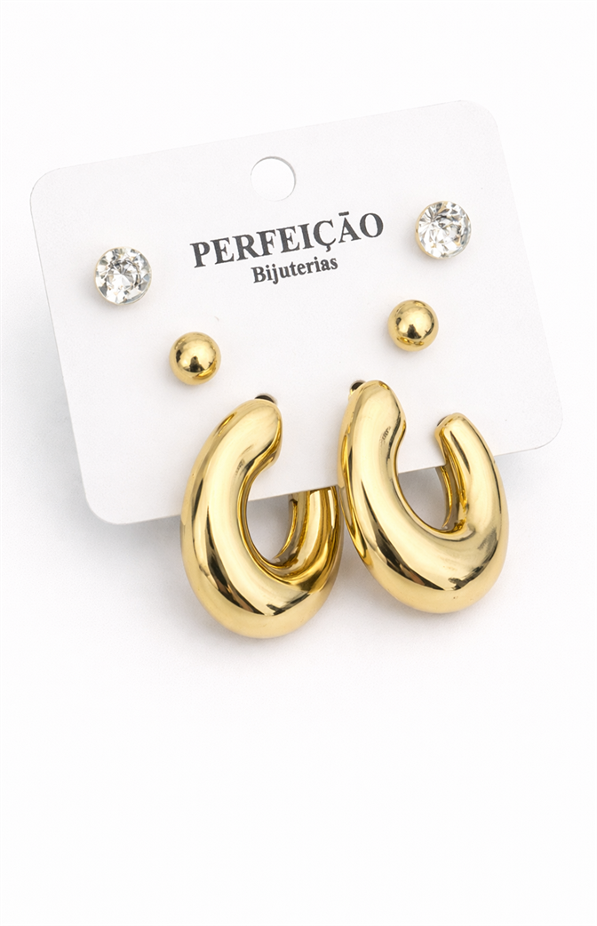 Kit de Brincos Dourados com Argola Lisa, Esfera e Ponto de Luz
