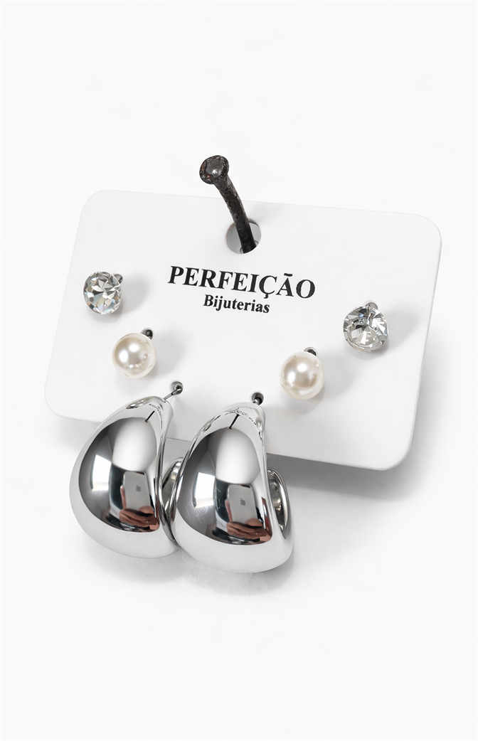 Kit 3 Pares de Brincos Femininos – Argola Metalizada, Pérola Clássica e Ponto de Luz Cristal