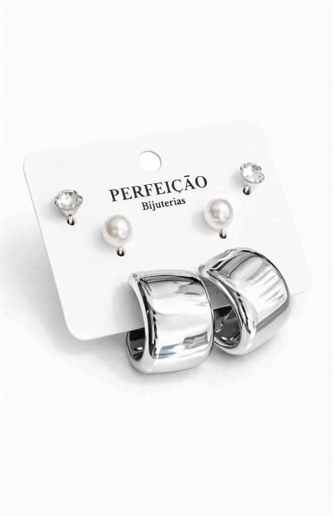 Kit 3 Pares de Brincos Femininos Prateados – Argola Larga Metalizada, Pérola Clássica e Ponto de Luz Cristal