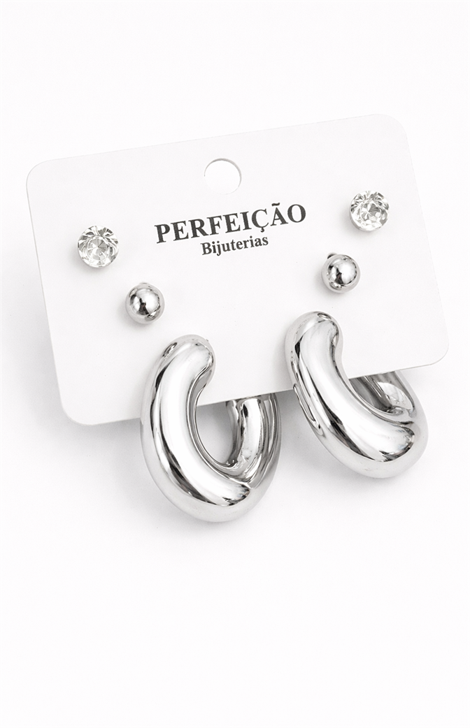 Kit de Brincos Prateados com Argolas e Pontos de Luz
