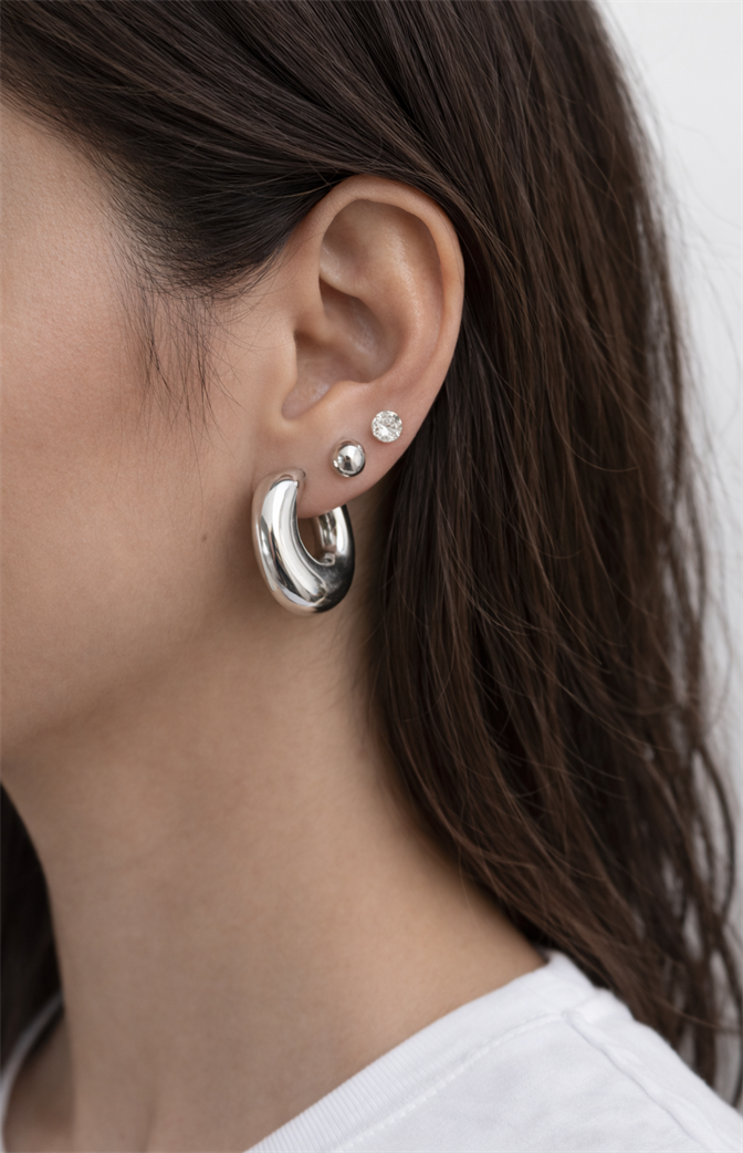 Kit de Brincos Prateados com Argolas e Pontos de Luz