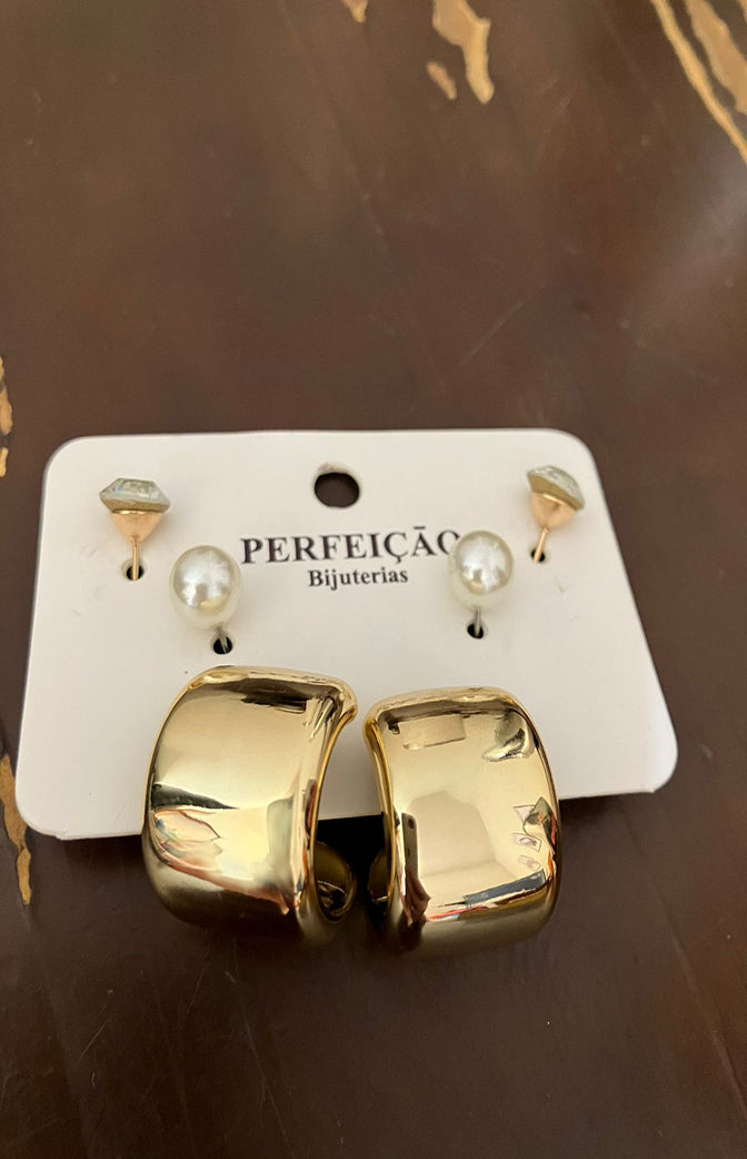 Kit 3 Pares de Brincos Femininos Dourados – Argola Larga Metalizada, Pérola Clássica e Ponto de Luz