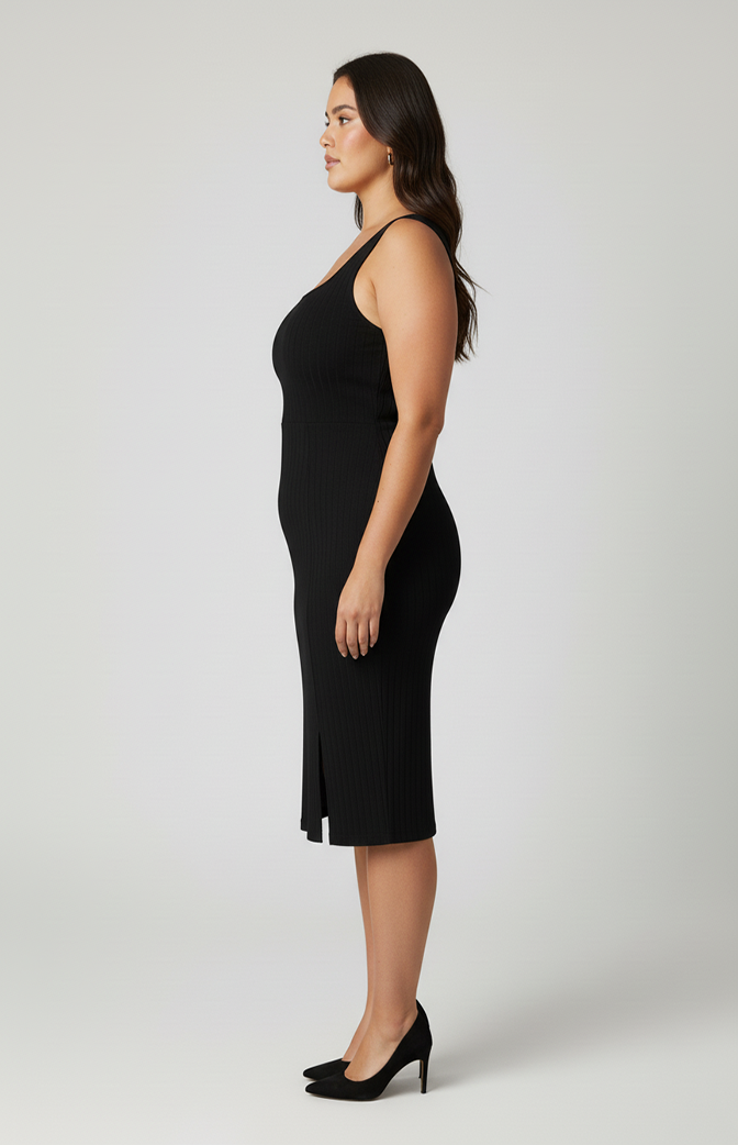 Vestido Midi Canelado Plus Size Preto com Fenda – Conforto e Elegância