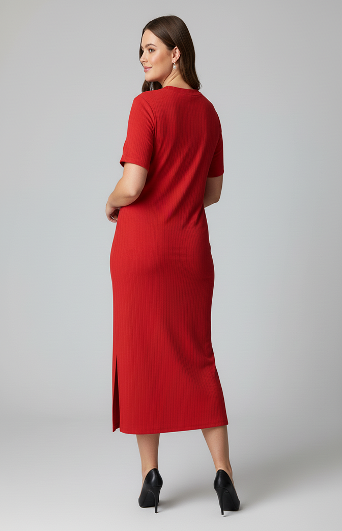 Vestido Midi Plus Size Canelado Vermelho com Manga e Fenda Lateral – Conforto & Elegância (Cópia)
