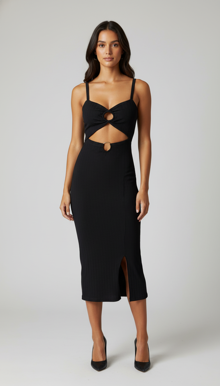 🖤 Vestido Midi Cut Out com Argolas – Impacto e Sofisticação