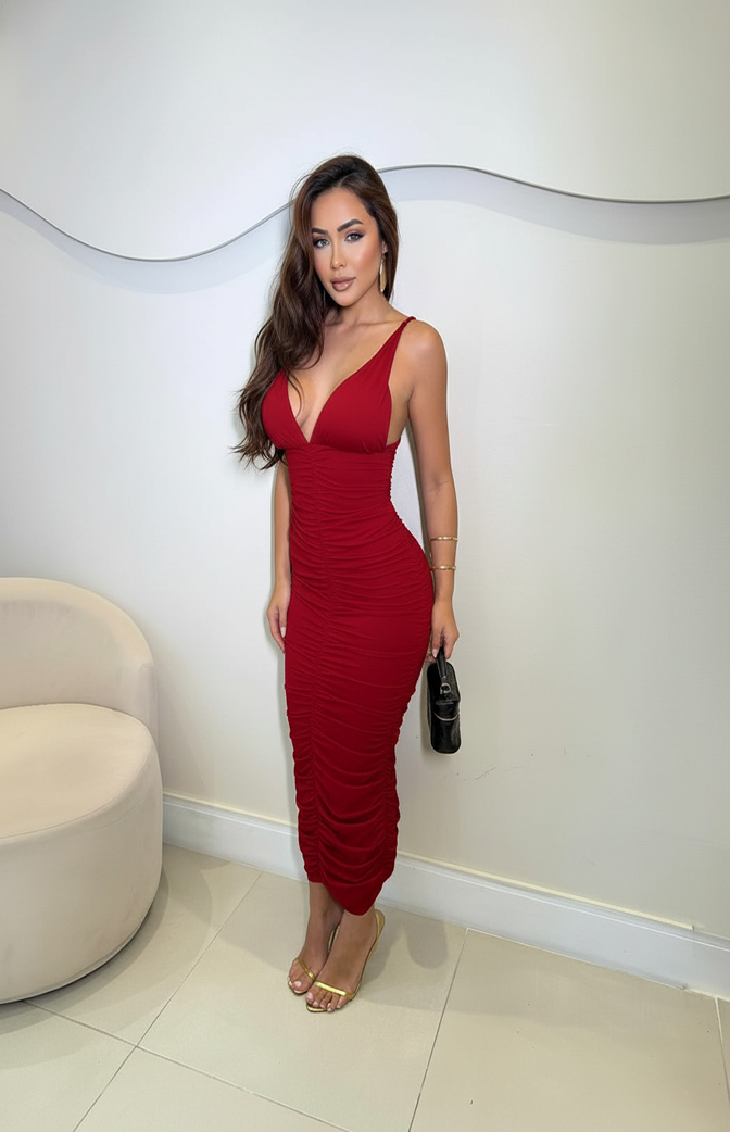 Vestido Midi Drapeado Vermelho Zhavi