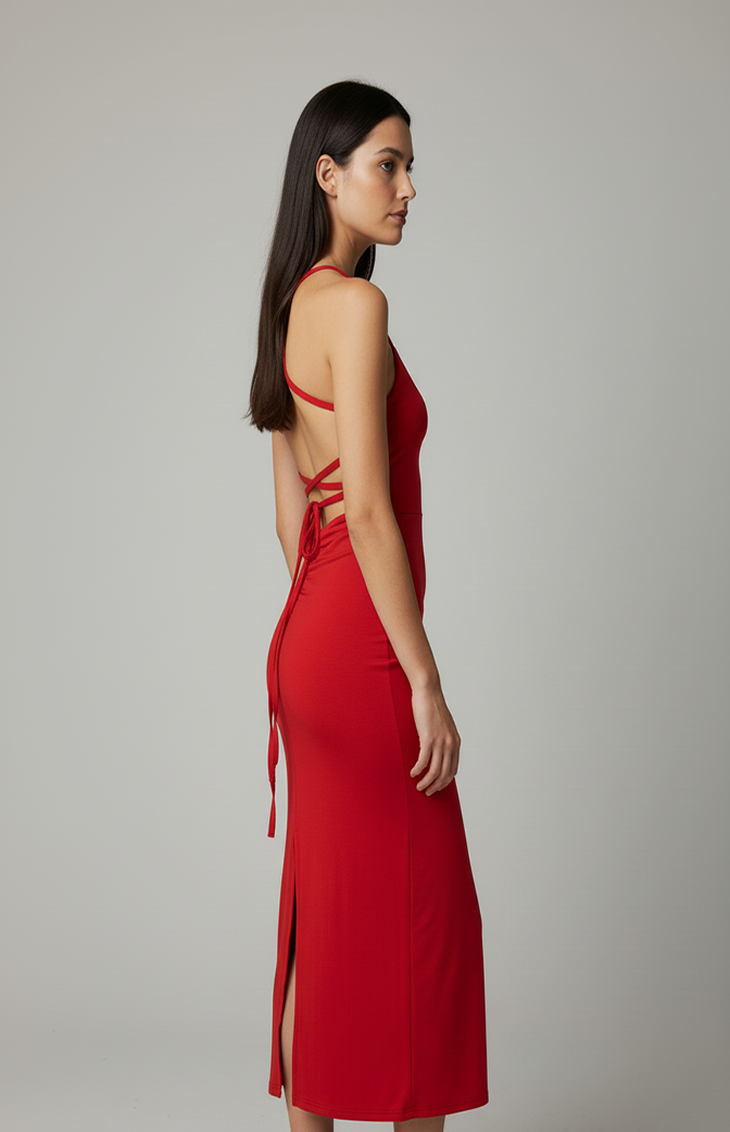 Vestido Midi Vermelho com Amarração nas Costas – Zhavi Elegance