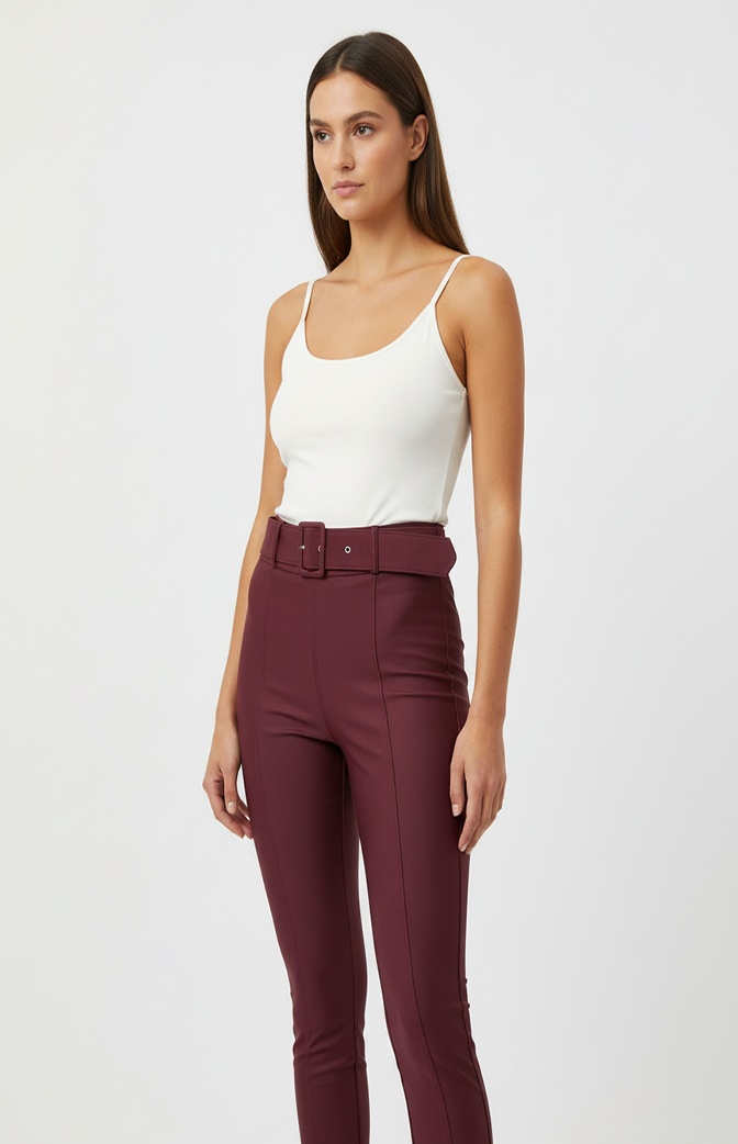 Calça Prada Zhavi Wine Premium Com Cinto – Elegância Intensa & Caimento Impecável